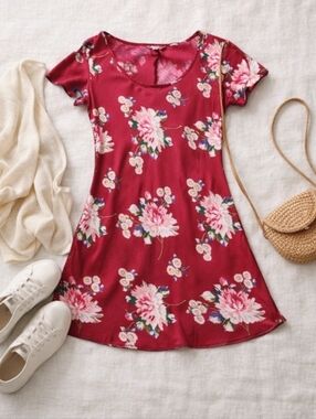 Vintage 90s GUESS Floral Mini Dress XS Petite Burgandy Rayon Slip Style